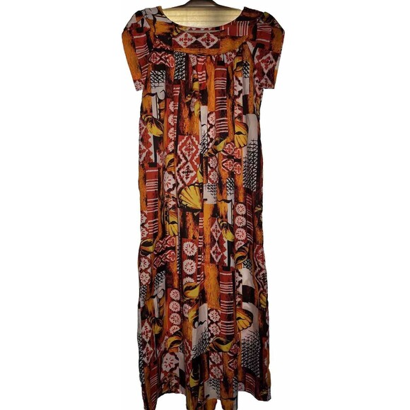 Vintage Made in Hawaii Medium Orange Floral Muu Muu Short cap sleeve 54"long - Picture 1 of 6